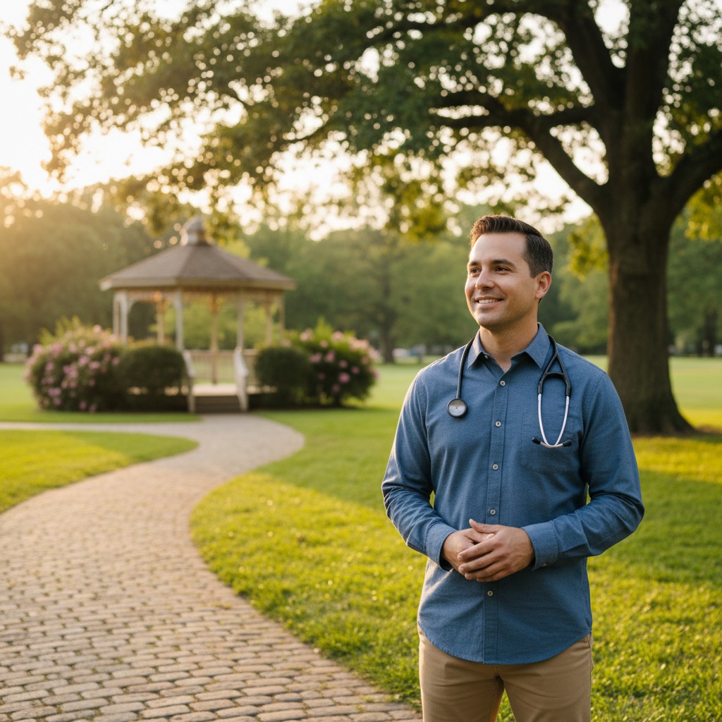 Um homem com estetoscópio no pescoço sorri em um parque ensolarado, com um caminho de pedras e um gazebo ao fundo.